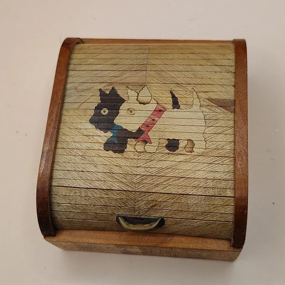 Vintage SCOTTY DOGS Inlaid Wood Case With Rolltop Articulated Lid JAPAN - Picture 2 of 8